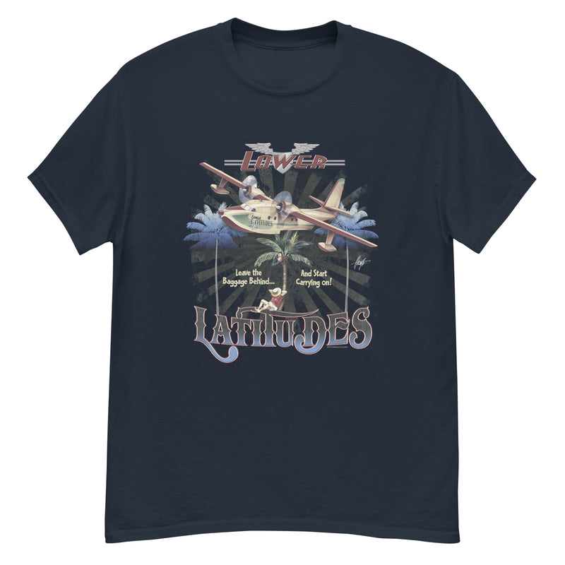 Men's Lower Latitudes Leave The Baggage Behind T-Shirt Jimmy Buffett Style Seaplane Palm Trees Navy Blue