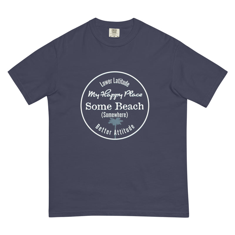Men’s Premium SoftSpun Cotton T-Shirt Some Beach Somewhere Happy Place Yellow Jimmy Buffett Palm Tree The Beach is my Happy Place