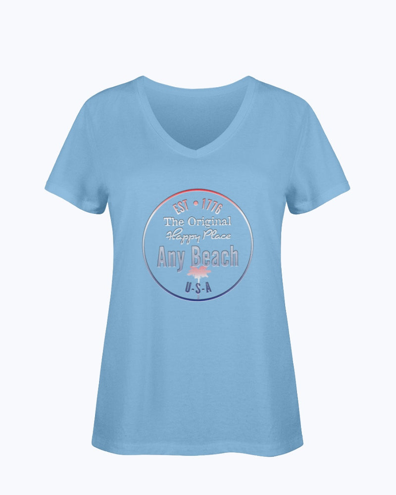 Women's SoftSpun Cotton V-Neck Tshirt Any Beach Is Happy Place USA Ocean Blue