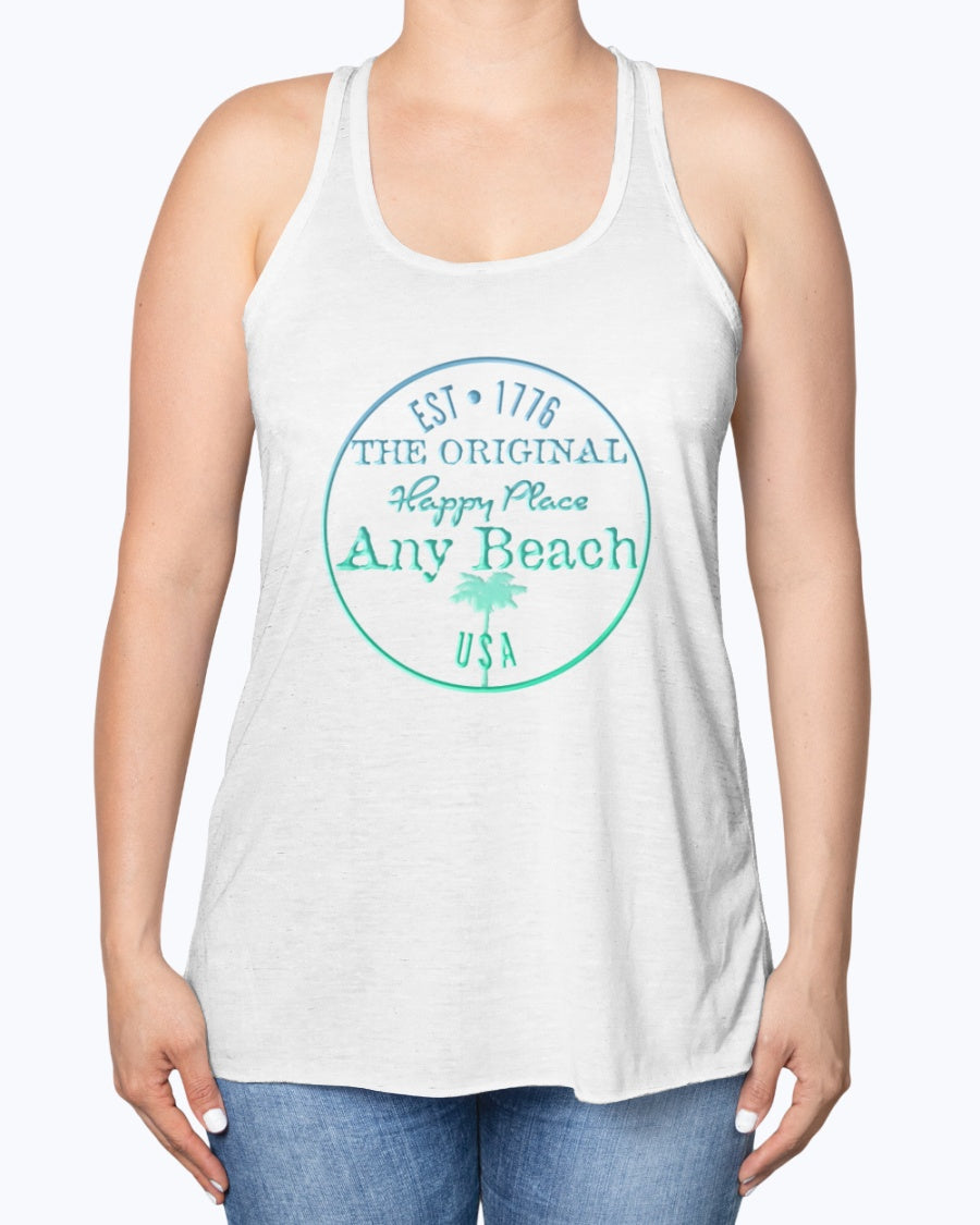 Womens Any Beach Is My Happy Place Flowy Racerback Palm Tree Tank Top