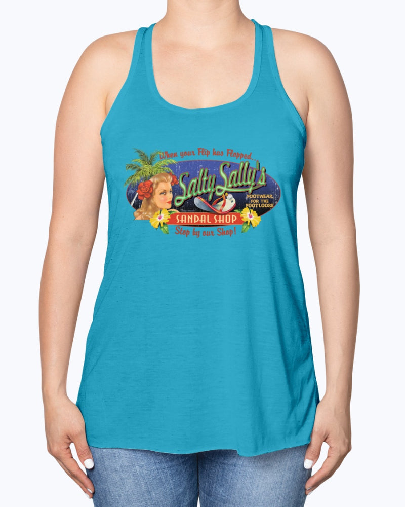 Womens Flowy Racerback Beach Tank Top Salty Sally's Flip Flop Repair Shop Ocean Blue