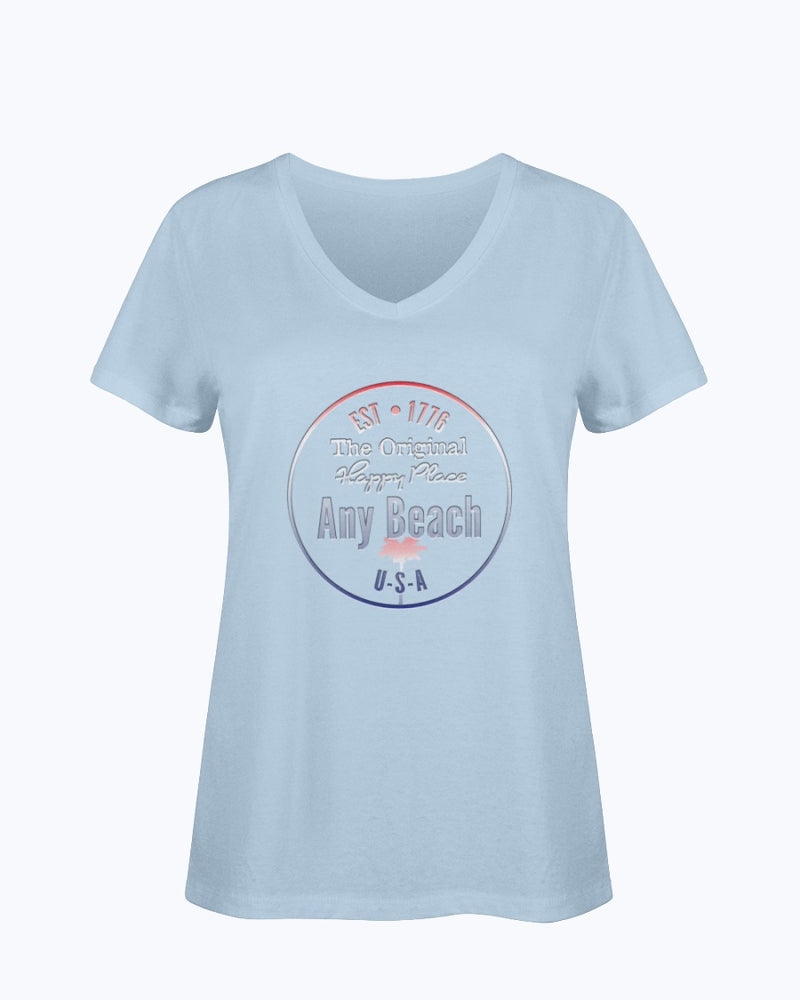 Women's SoftSpun Cotton V-Neck Tshirt Any Beach Is Happy Place USA Baby Blue