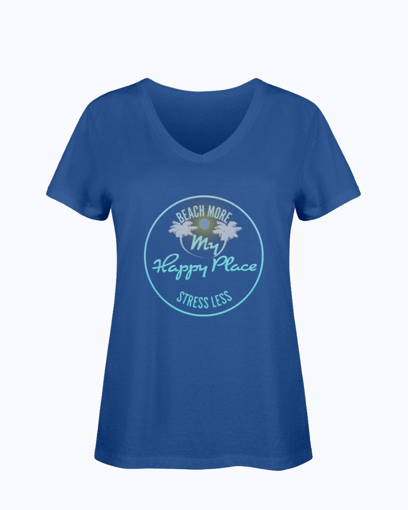 Ladies Beach More Stress Less Happy Place SoftSpun Cotton V-Neck T-Shirt Royal Blue