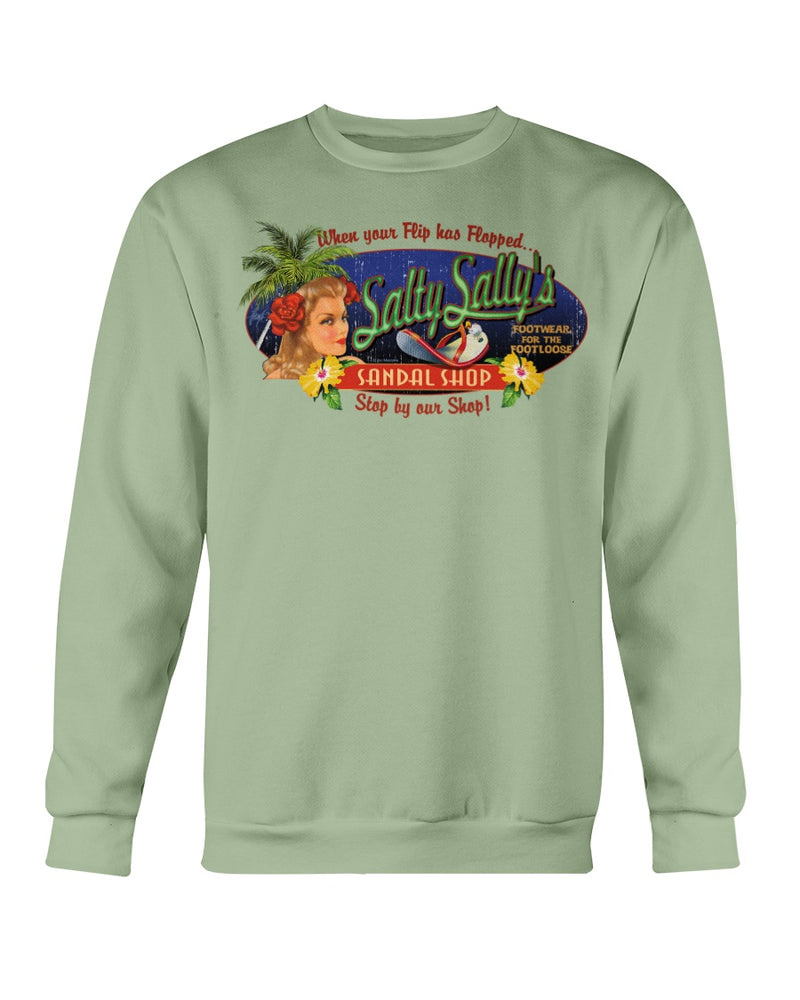 Unisex Salty Sally's Flip Flop Sandal Repair Shop Fleece Beach Sweatshirt Serene Green