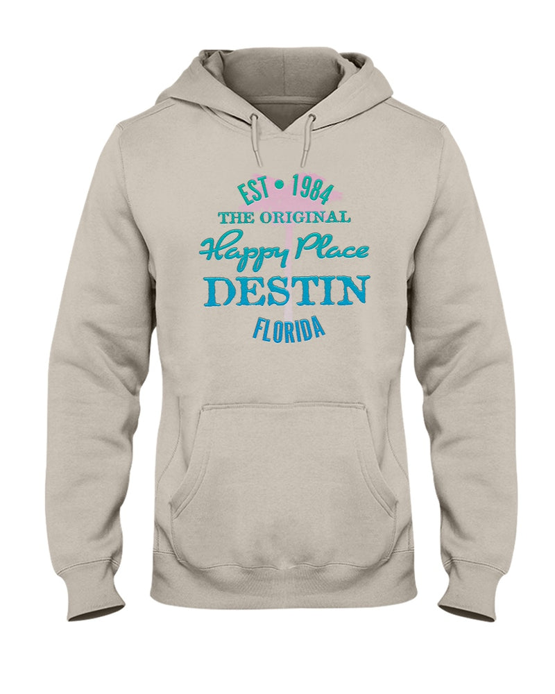 Unisex Original Happy Place Destin Beach Hoodie Est 1984 Pink Palm Tree White Vintage Style Khaki