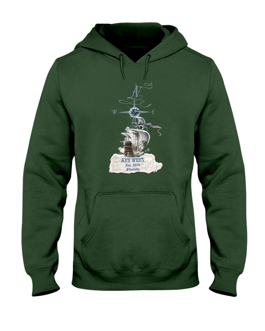 Original Key West Florida Est 1828 Vintage Map Pirate Ship Hoodie forest green