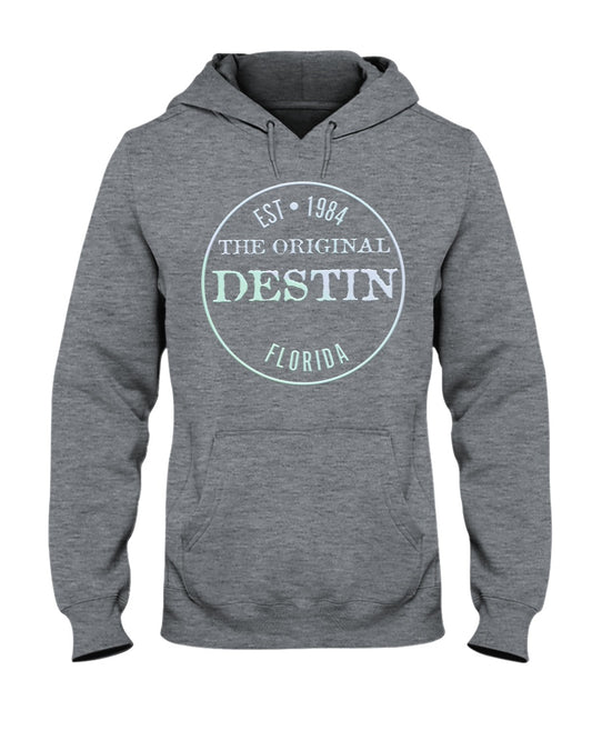 Destin Est 1984 Hoodie Vintage Style Bevel Logo Light Gradient Sport Grey