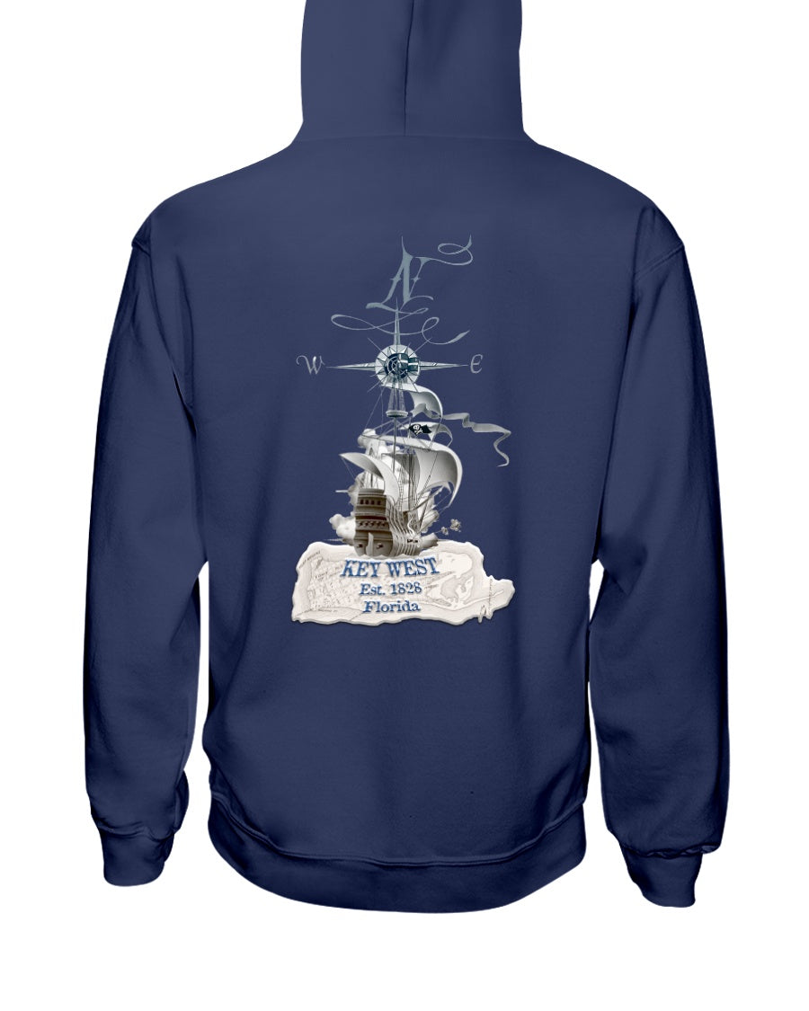 Mens Unisex Vintage Key West Florida Pirate Ship Fleece Hoodie Est 1828 Map Navy Blue