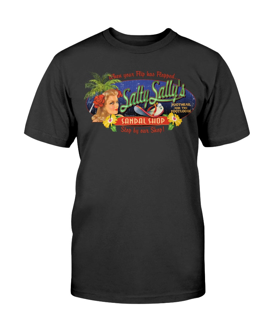 Mens Salty Sally's Flip Flop Repair Shop Vintage Style Cotton Beach T-Shirt Black