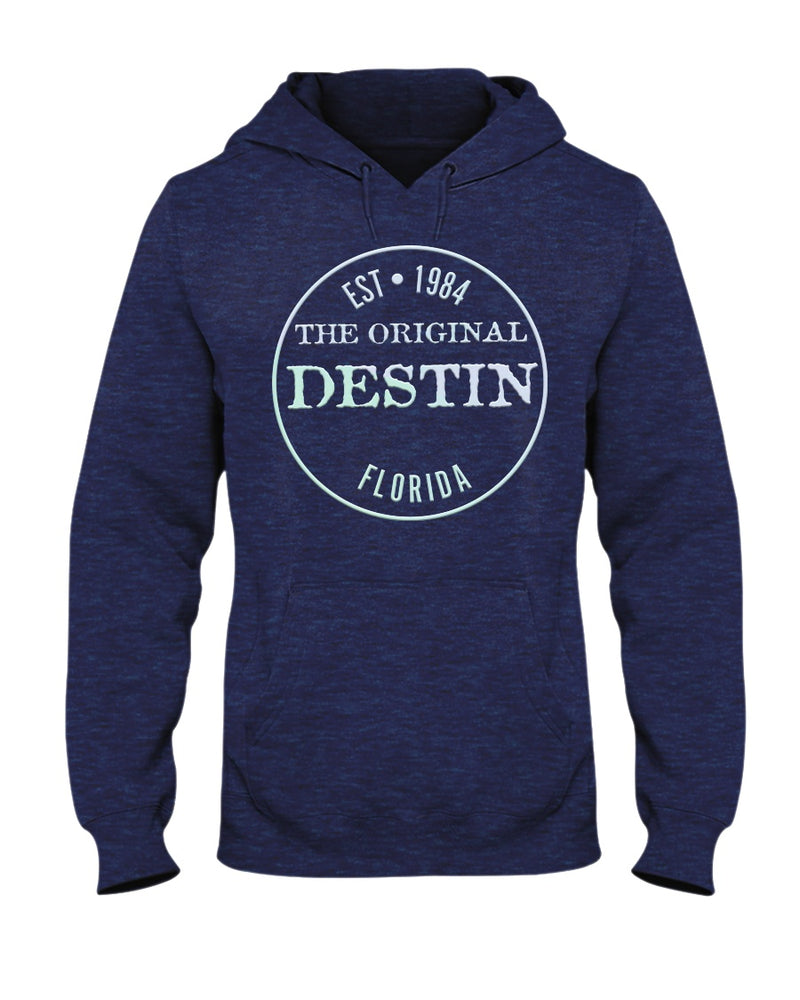 Destin Est 1984 Hoodie Vintage Style Bevel Logo Light Gradient Navy Heather