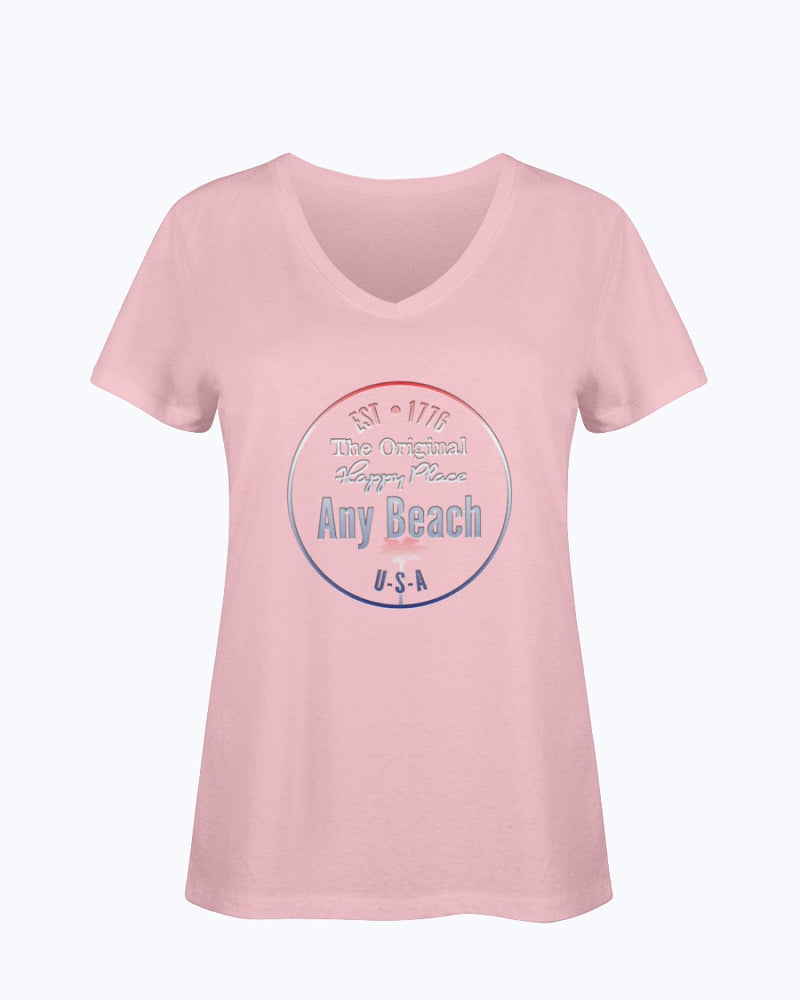 Women's SoftSpun Cotton V-Neck Tshirt Any Beach Is Happy Place USA Pink