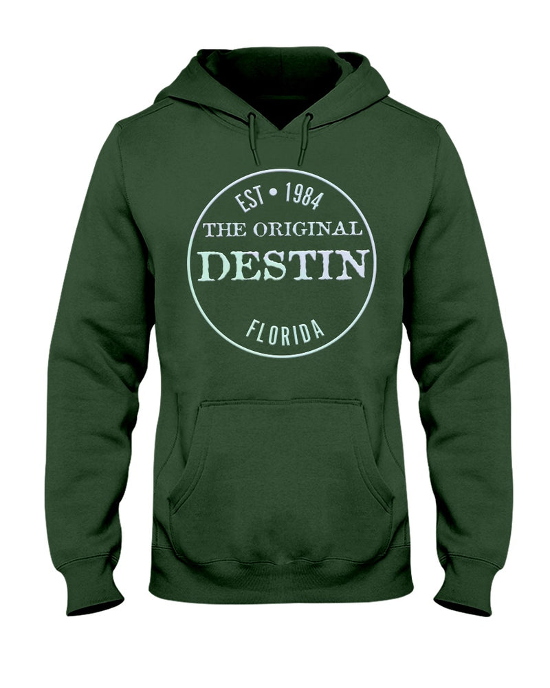 Destin Est 1984 Hoodie Vintage Style Bevel Logo Light Gradient Forest Green