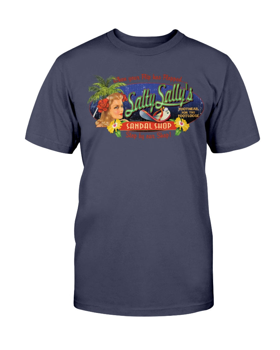 Mens Salty Sally's Flip Flop Repair Shop Vintage Style Cotton Beach T-Shirt Navy Blue