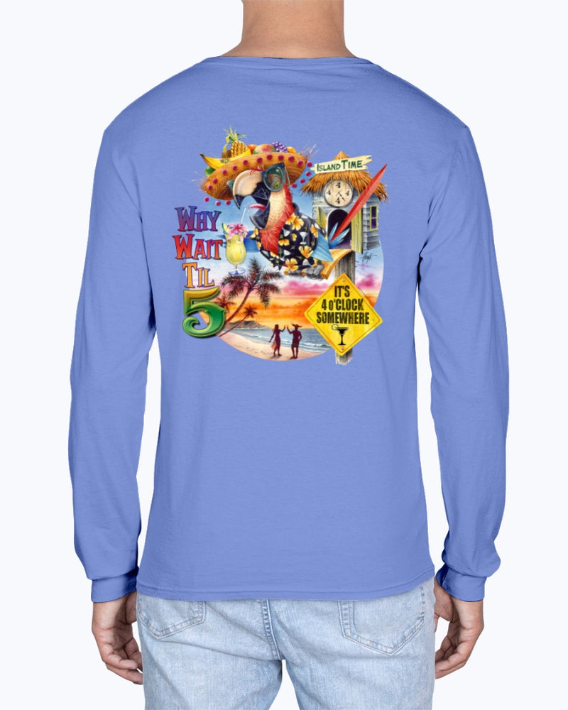 Why Wait Til 5 Macaw Cuckoo Clock Soft Washed 6.1 oz Cotton T-shirt - Back Print