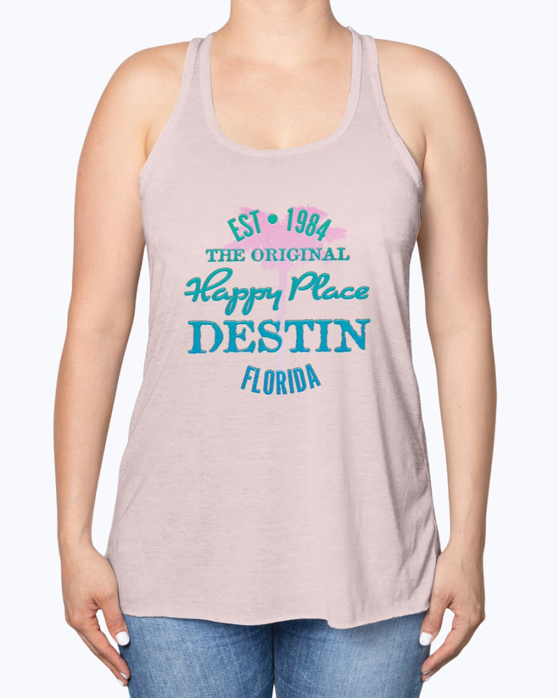 Womens Destin Florida Beach Is My Happy Place Tank Top Est 1984 Pink Palm Tree Soft Pink