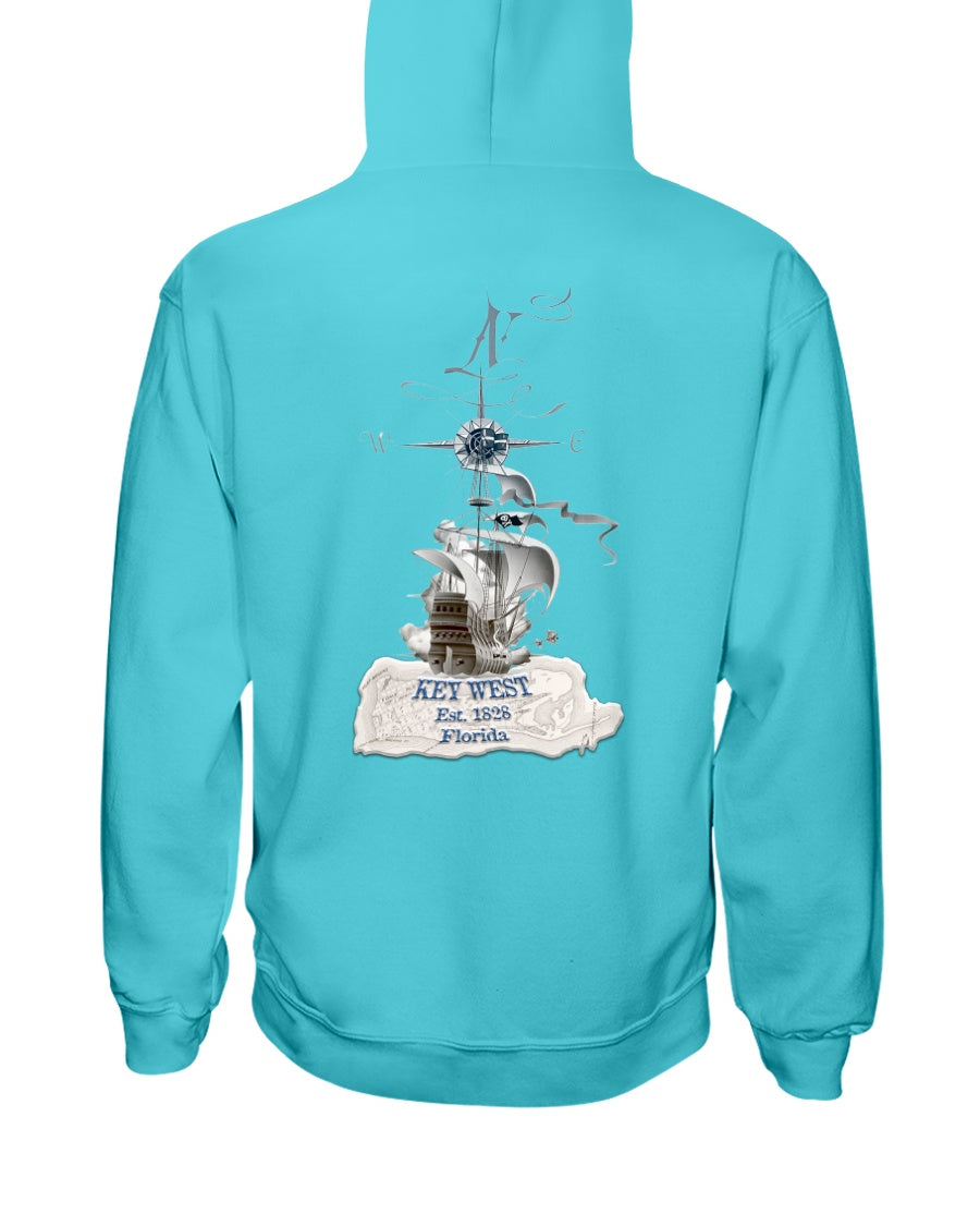Mens Unisex Vintage Key West Florida Pirate Ship Fleece Hoodie Est 1828 Map Scuba Blue