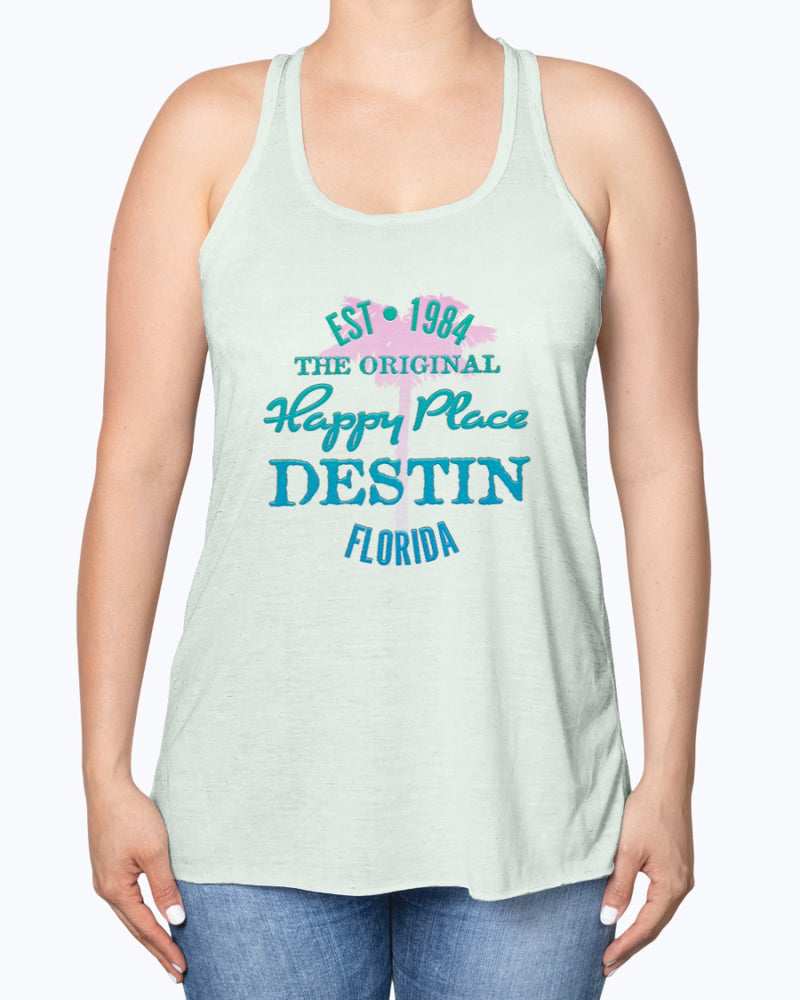 Womens Destin Florida Beach Is My Happy Place Tank Top Est 1984 Pink Palm Tree Mint Green