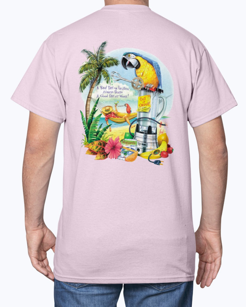 Mens Bad Day on Vacation Beats a Good Day at Work 6 oz Cotton Beach T-shirt Parrots Hammock Blender Palm Tree Light Pink