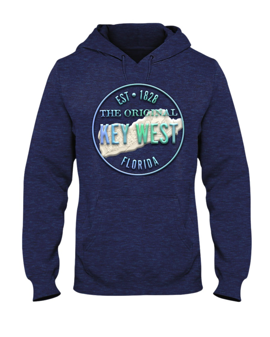 Original Key West Florida Est 1828 Map 3D Embossed Look Hoodie Heather Navy