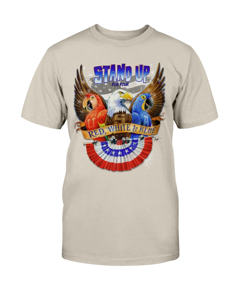 Men's Stand Up For Your Red White & Blue Parrots Patriotic Tee Shirt Jimmy Buffett Concert Tee Parrothead