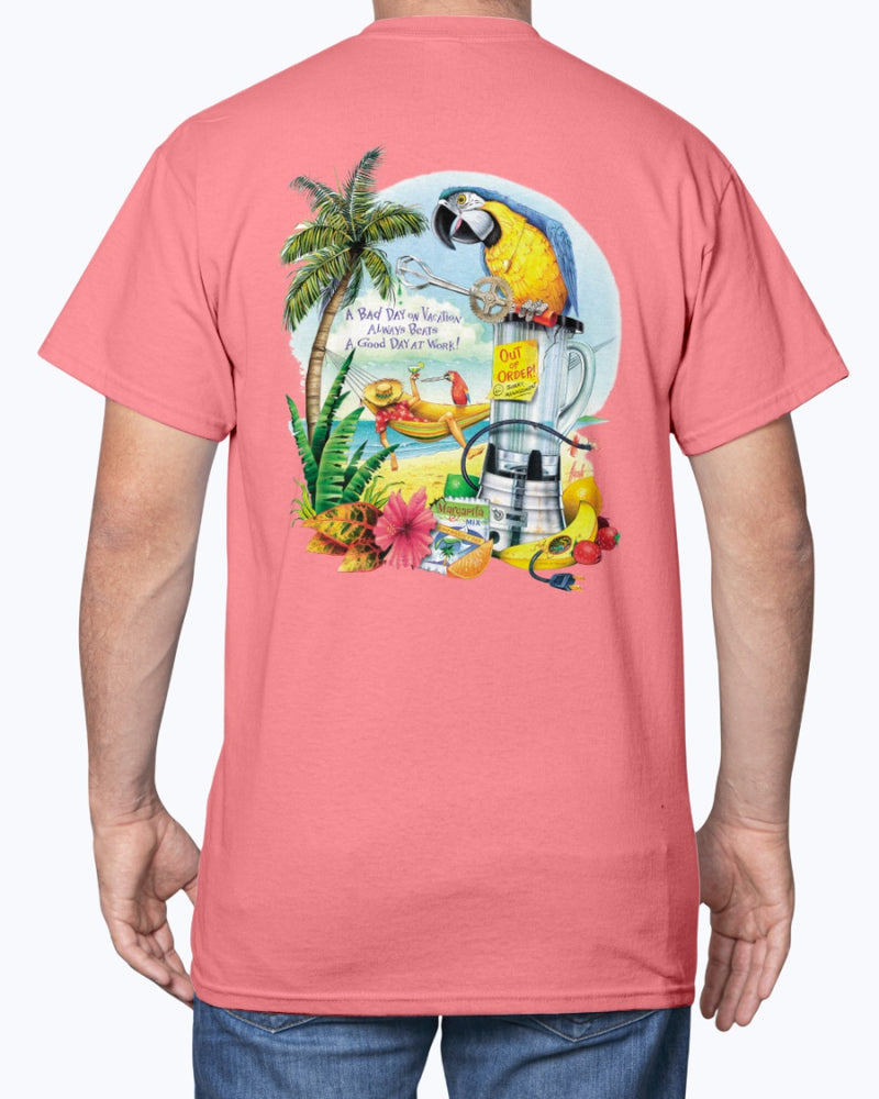 Mens Bad Day on Vacation Beats a Good Day at Work 6 oz Cotton Beach T-shirt Parrots Hammock Blender Palm Tree