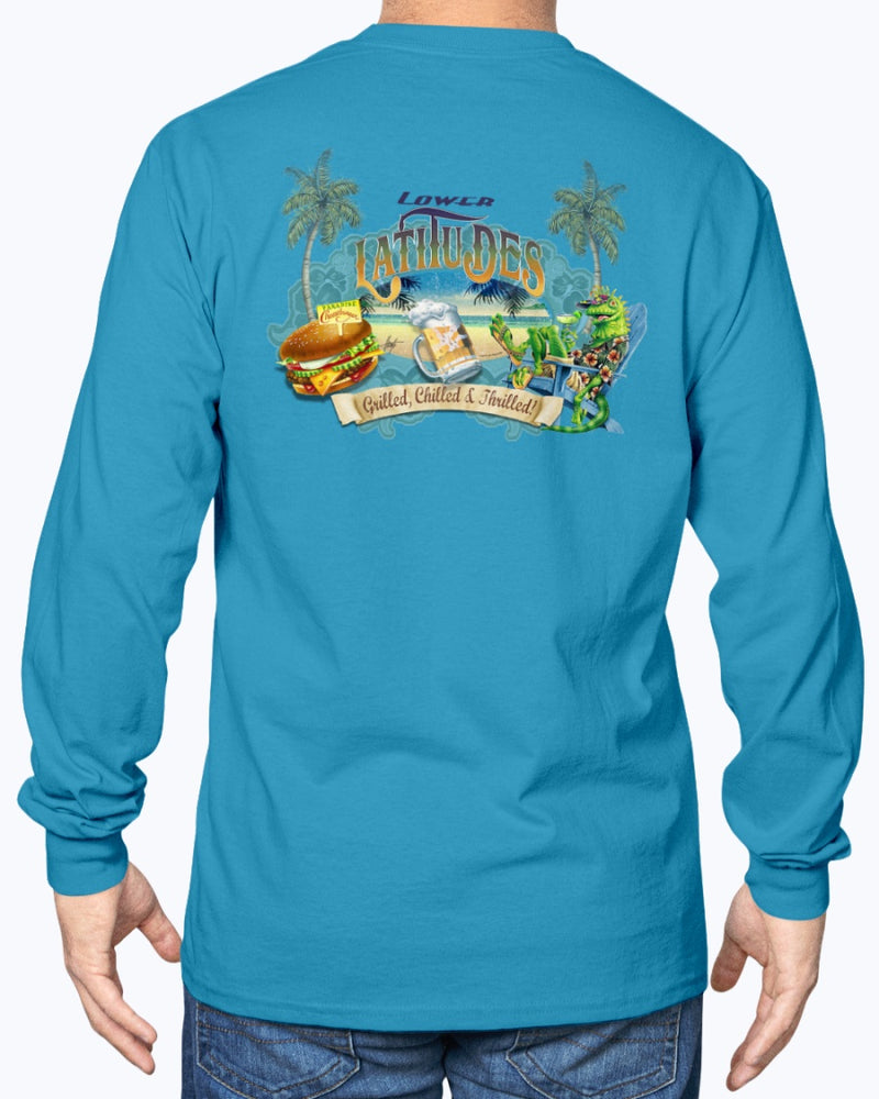 Long Sleeve Lower Latitudes Grill Chill Thrill Cheeseburger & Beer T-shirt Jimmy Buffett Shirts