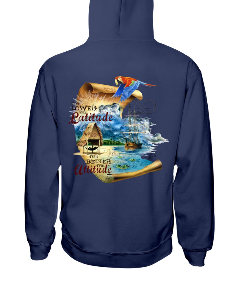 Men's Unisex Lower The Latitude Better The Attitude Fleece Hoodie pullover navy blue Caribbean map pirate ship beach