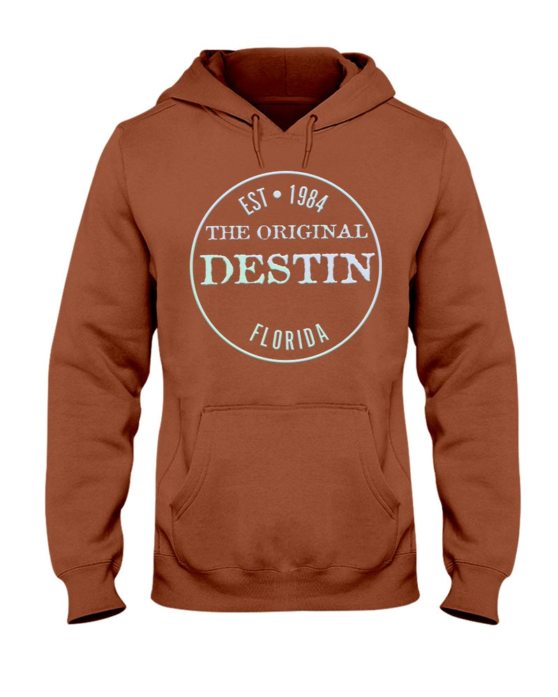 Destin Est 1984 Hoodie Vintage Style Bevel Logo Light Gradient texas orange