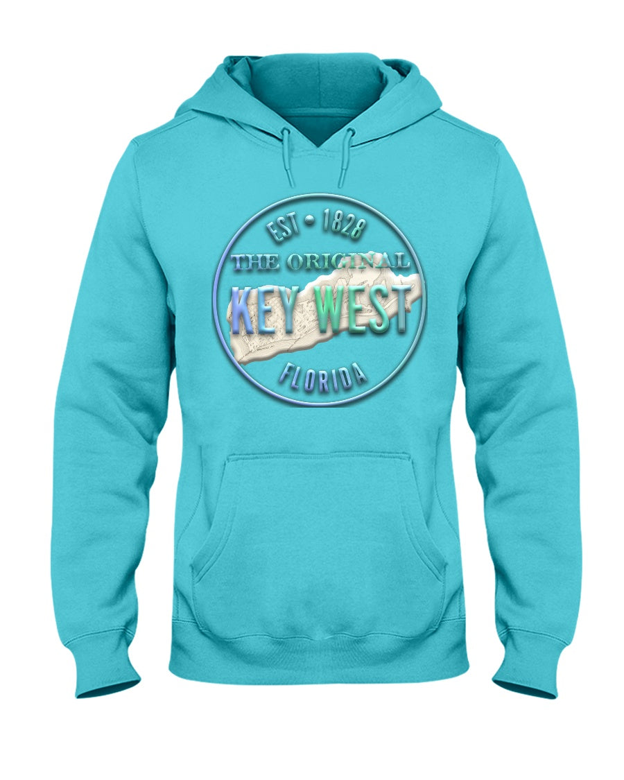 Original Key West Florida Est 1828 Map 3D Embossed Look Hoodie Scuba Blue