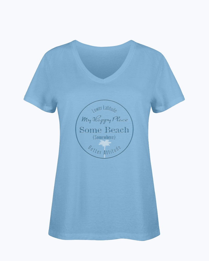 Women's Bella Good Life Some Beach is my Happy Place Vneck T-shirt ocean blue