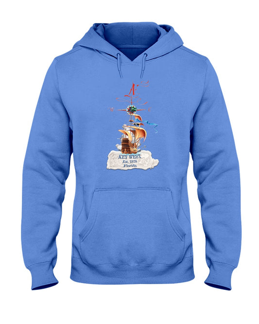 Original Key West Florida Est 1828 Vintage Map Full Color Pirate Ship Hoodie Blue