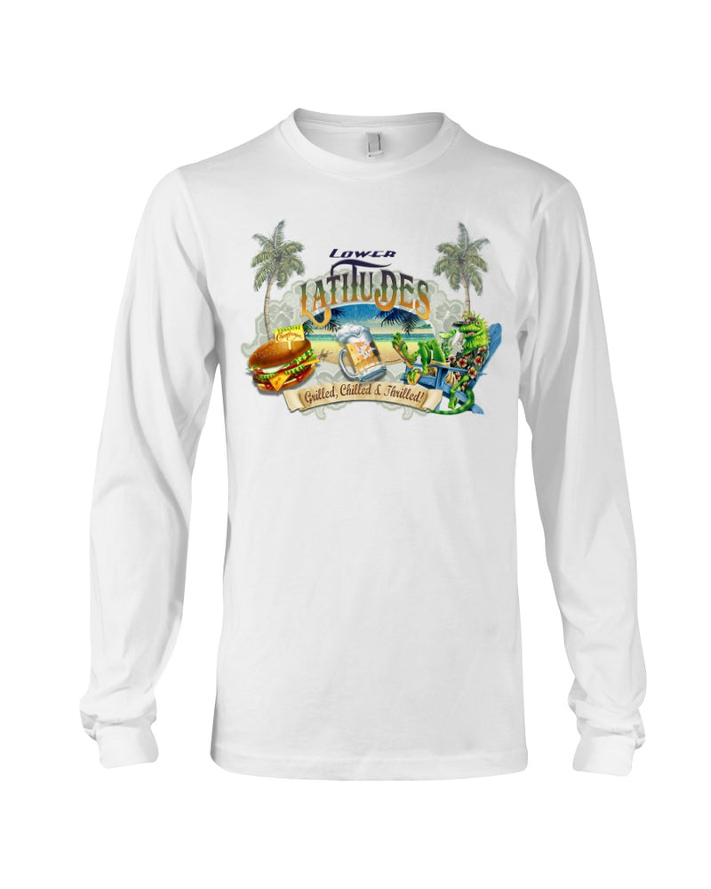 Mens Lightweight Premium RingSpun Cotton Lower Latitudes Grill & Chill T-Shirt Cheeseburger in paradise Jimmy Buffett Palm Trees T-shirt tees summer parrothead concert tee