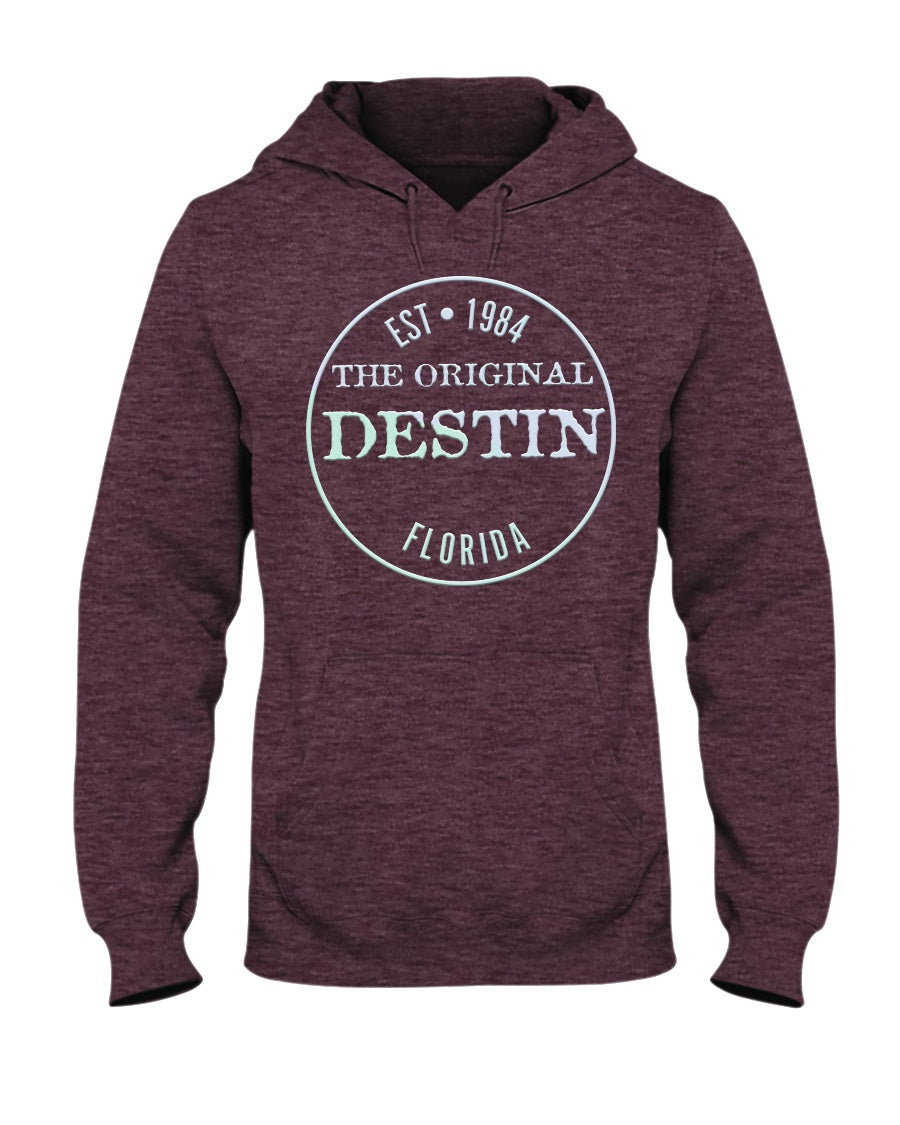 Destin Est 1984 Hoodie Vintage Style Bevel Logo Light Gradient Maroon heather