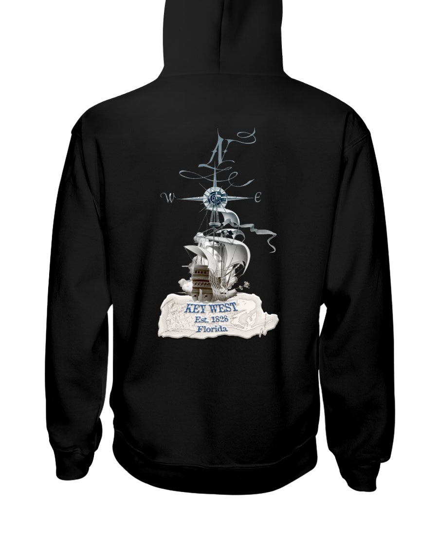 Mens Unisex Vintage Key West Florida Pirate Ship Fleece Hoodie Est 1828 Map Black