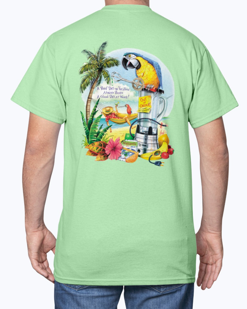 Mens Bad Day on Vacation Beats a Good Day at Work 6 oz Cotton Beach T-shirt Parrots Hammock Blender Palm Tree Mint Green