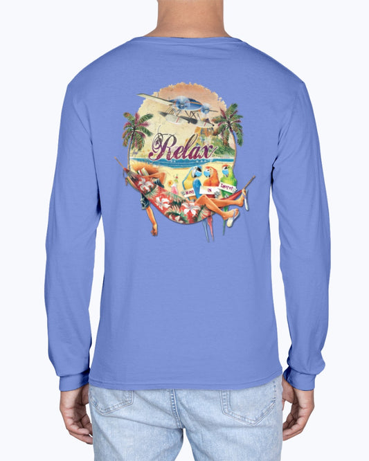 Social Distancing Relax Parrots Hang in There Soft Washed 6.1 oz Cotton T-shirt - Long Sleeve