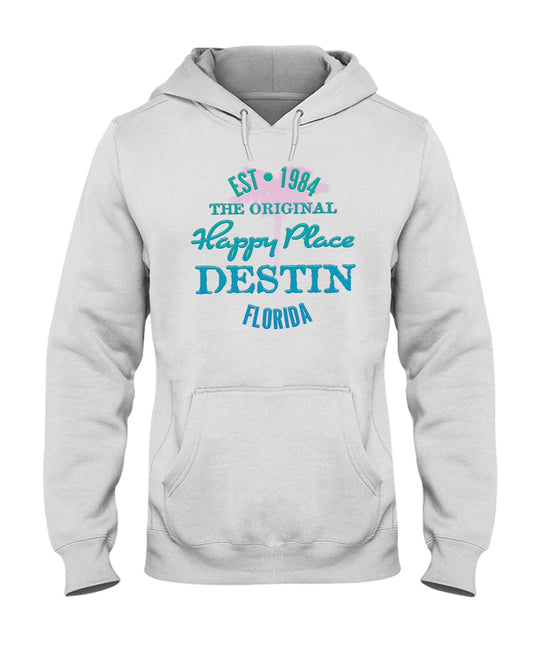 Unisex Original Happy Place Destin Beach Hoodie Est 1984 Pink Palm Tree White Vintage Style
