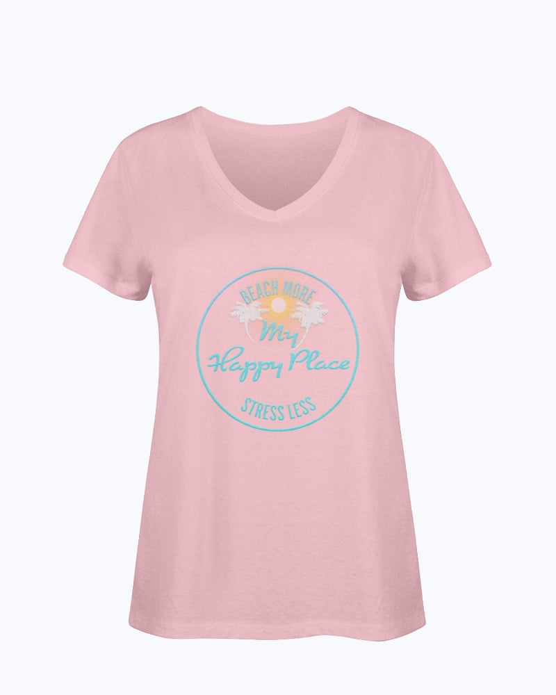 Ladies Beach More Stress Less Happy Place SoftSpun Cotton V-Neck T-Shirt Light Pink