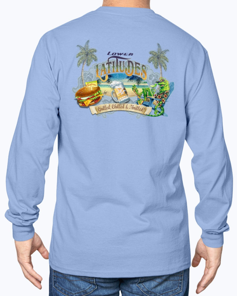 Long Sleeve Lower Latitudes Grill Chill Thrill Cheeseburger & Beer T-shirt Jimmy Buffett Shirts