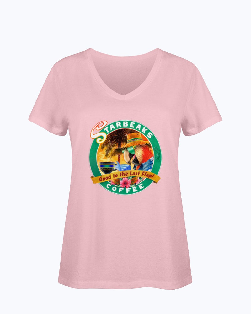 Ladies Soft Ringspun Cotton V-Neck T-Shirt Starbeaks Coffee Parrot Light Pink