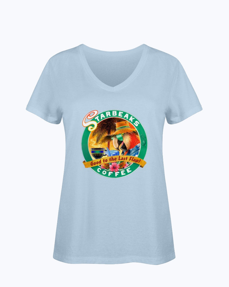 Ladies Soft Ringspun Cotton V-Neck T-Shirt Starbeaks Coffee Parrot Light Blue