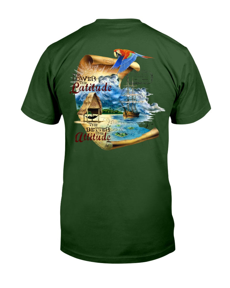 Men's Lower The Latitude Better The Attitude Caribbean T-Shirt w/Pirate Ship Chest Logo Forest Green