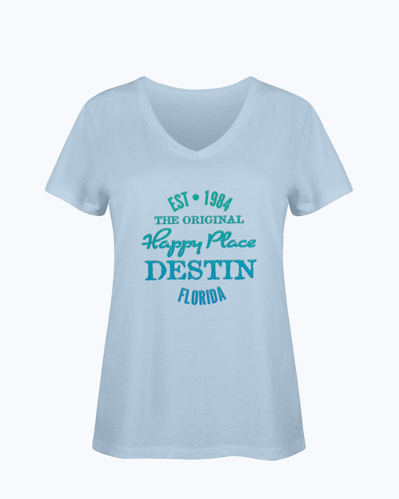 Ladies SoftSpun Cotton V-Neck T-Shirt Destin Florida Beach Est 1984 Baby Blue