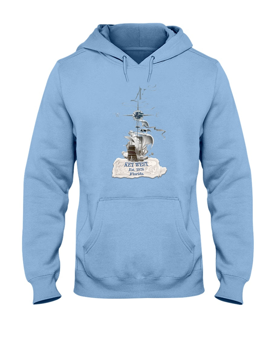 Original Key West Florida Est 1828 Vintage Map Pirate Ship Hoodie light blue