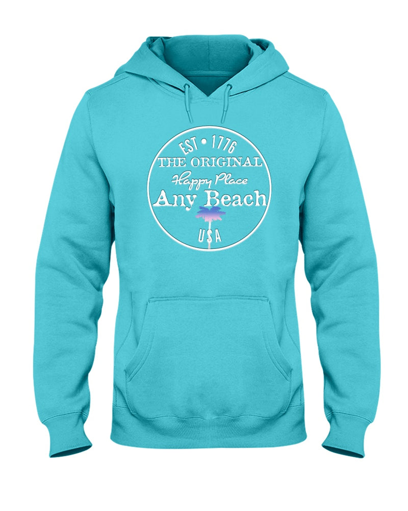Original USA Any Beach is my happy place fleece hoodie scuba blue