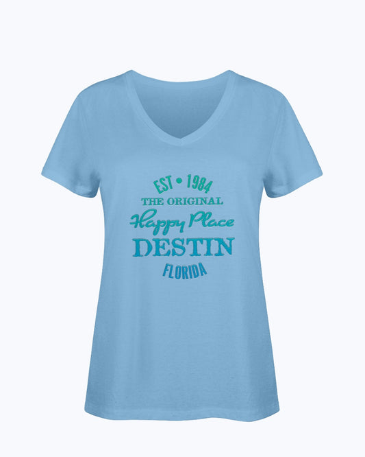 Ladies SoftSpun Cotton V-Neck T-Shirt Destin Florida Beach Est 1984 Ocean Blue
