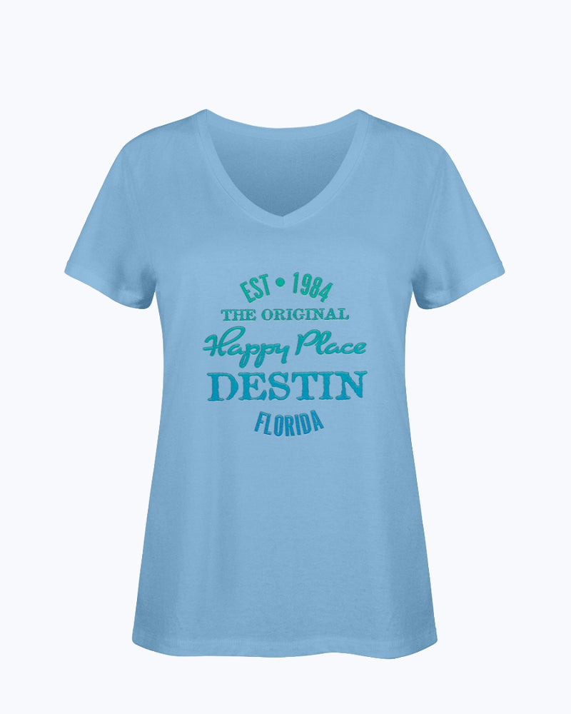 Ladies SoftSpun Cotton V-Neck T-Shirt Destin Florida Beach Est 1984 Ocean Blue