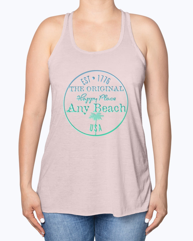 Womens Any Beach Is My Happy Place Flowy Racerback Palm Tree Tank Top Soft Pink