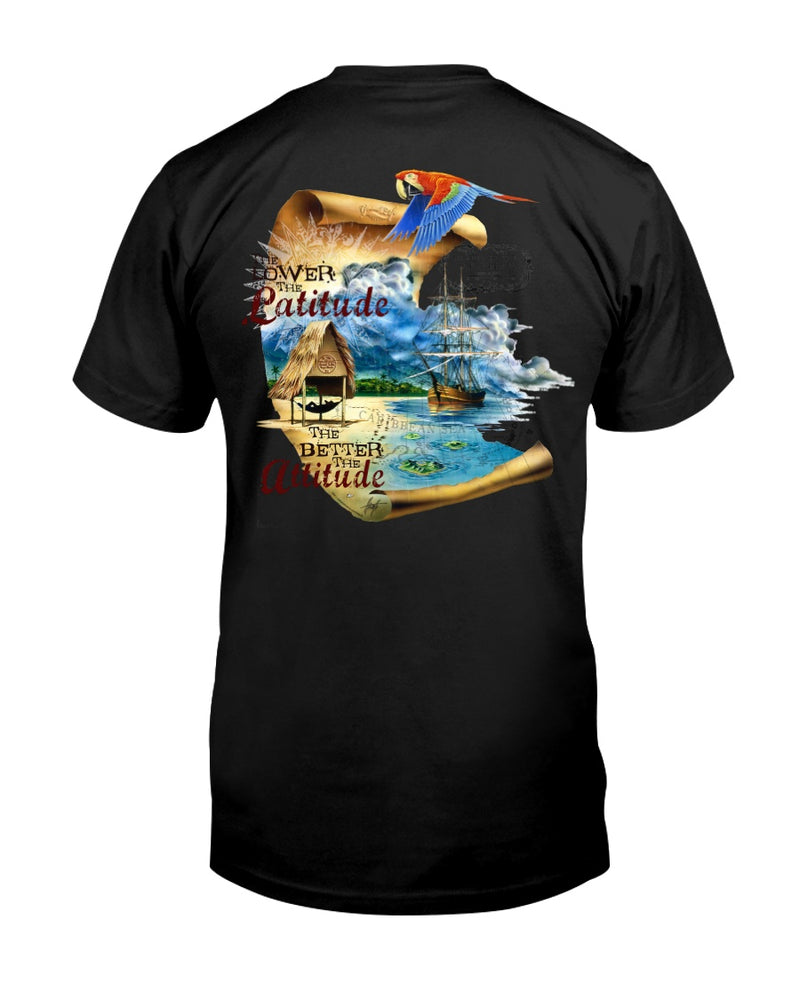 Men's Lower The Latitude Better The Attitude Caribbean T-Shirt w/Pirate Ship Chest Logo Black