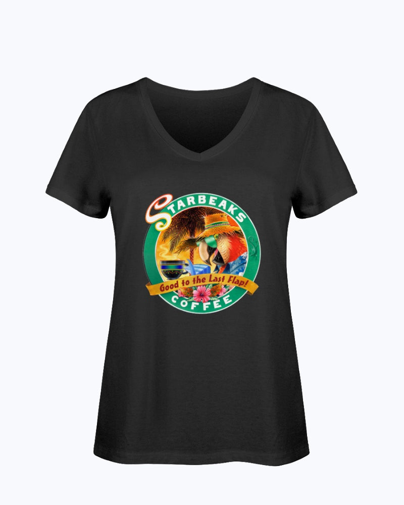 Ladies Soft Ringspun Cotton V-Neck T-Shirt Starbeaks Coffee Parrot Black